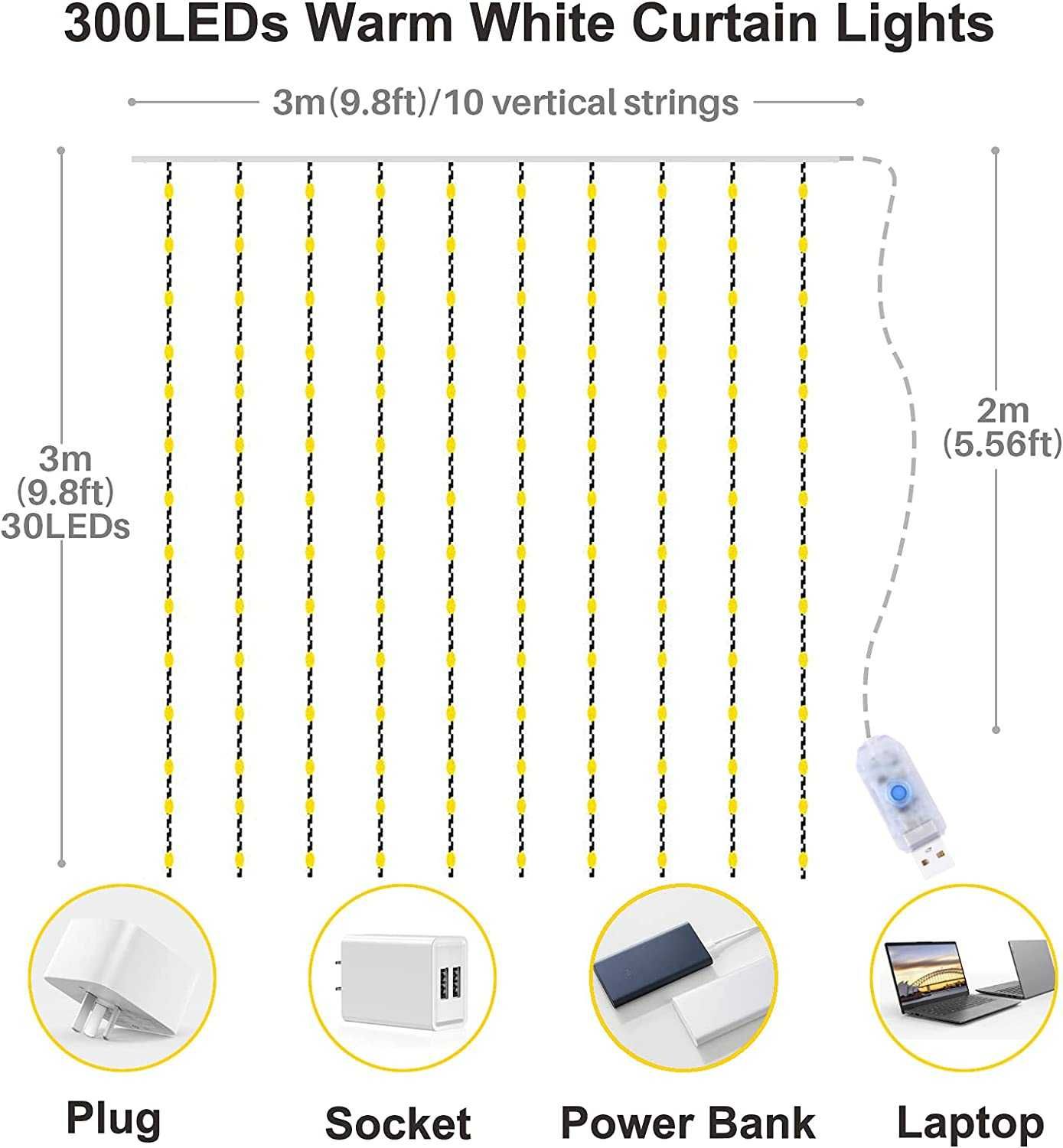 Luzes de cortina 3 m x 3 m, 300 LED, com controlo 8 modos