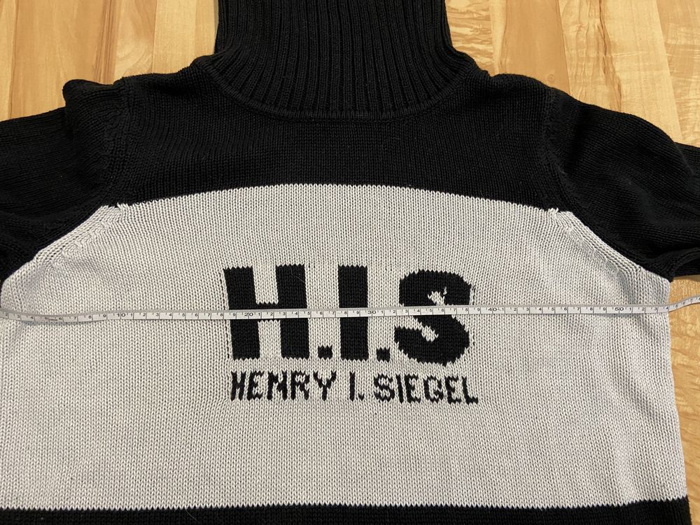 H.I.S rozm L czarno kremowy  sweter gruby ciepły bawełna golf Vintage