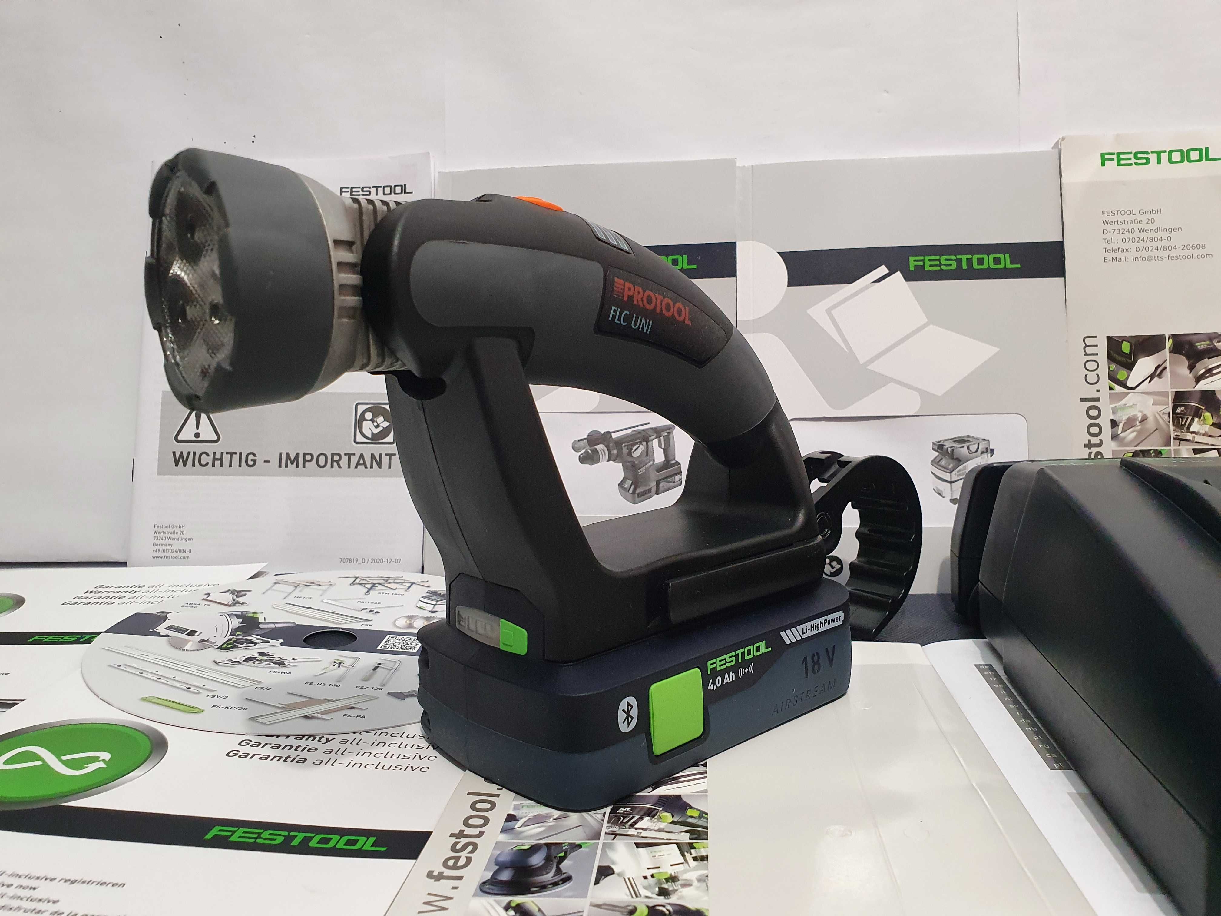 Duzy zestaw Protool Festool latarka FLC UNI,bateria 18v 4ah, ladowarka