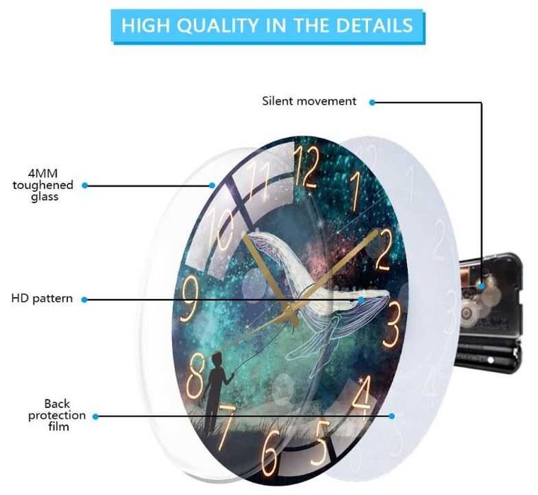 Cichy zegar ścienny, szklany, okrągły 26cm wzór wieloryb Cooltto
