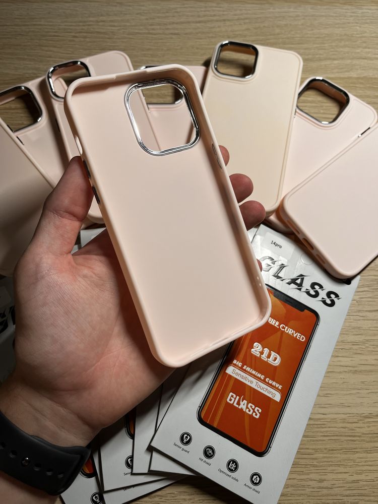 Pack Capa Rosa + Pelicula Ecra para iPhone 12/13/14/15 Pro Plus Max