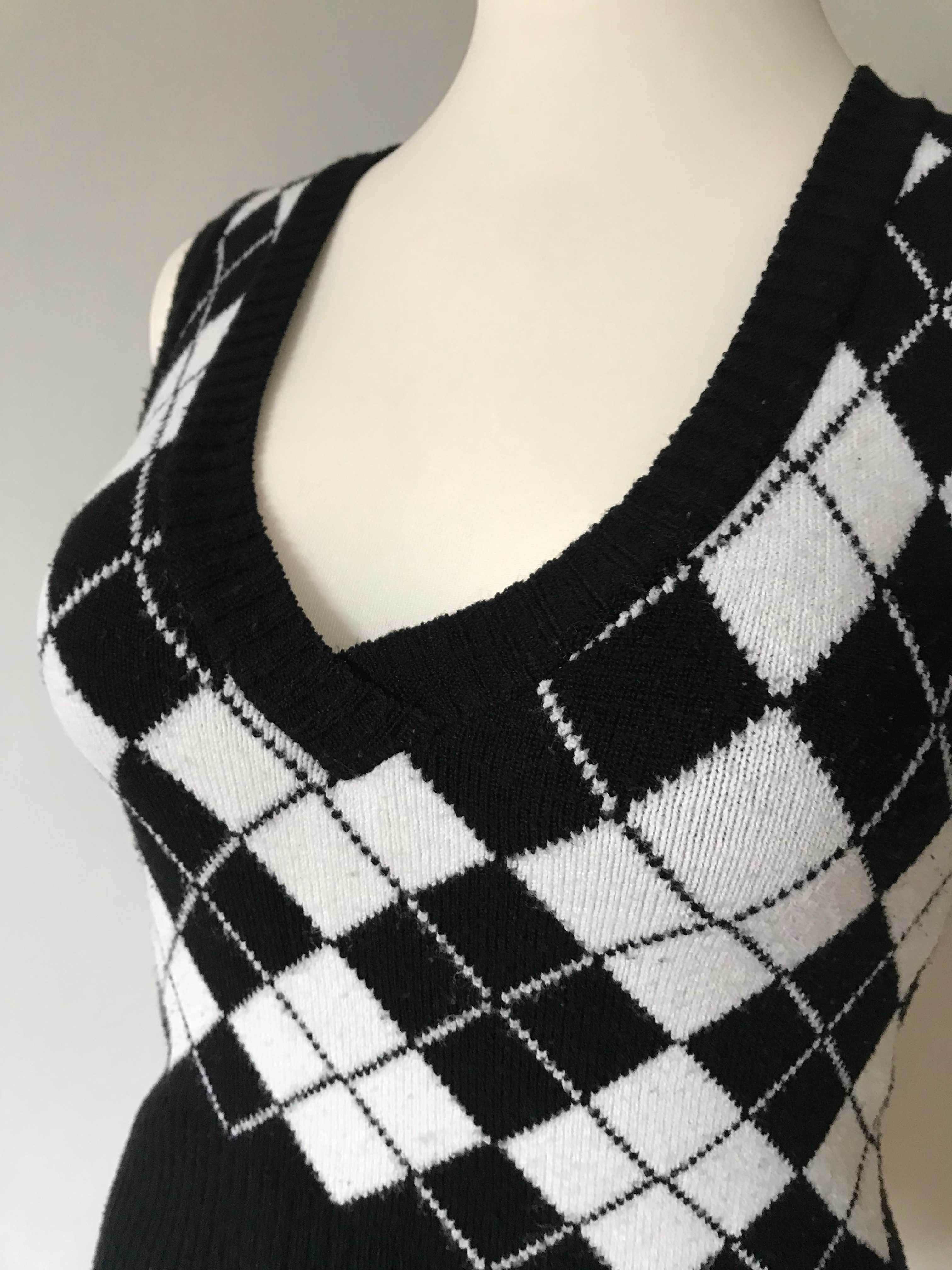 Sweter bezrękawnik retro czarno biały romby r. 38/40 geek vintage