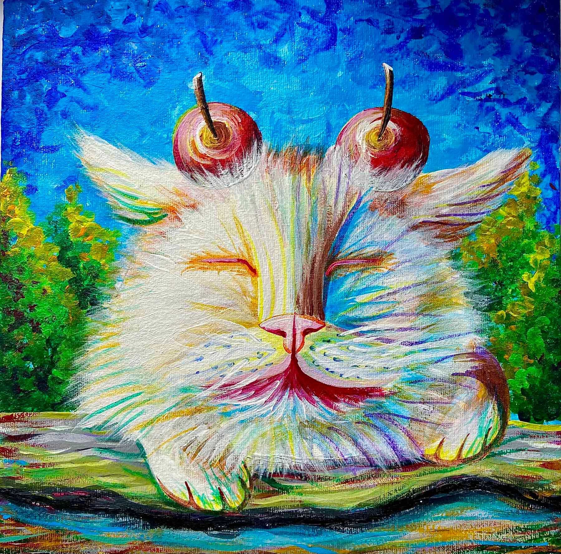 Картина кот с вишнями на холсте 25х25 "вишни на коте"