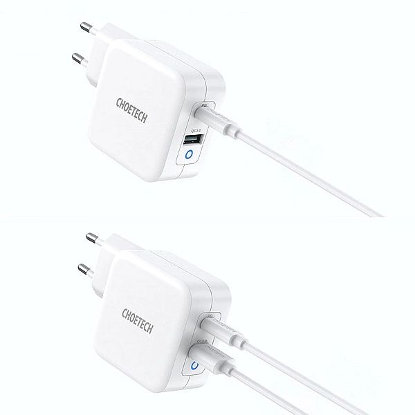 Choetech szybka ładowarka sieciowa GaN USB Typ C PD USB-A QC3.0/65W 3,