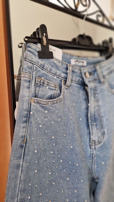 Spodnie wide leg dżinsy cyrkonie kryształki Varlesca chicaca XS S M L