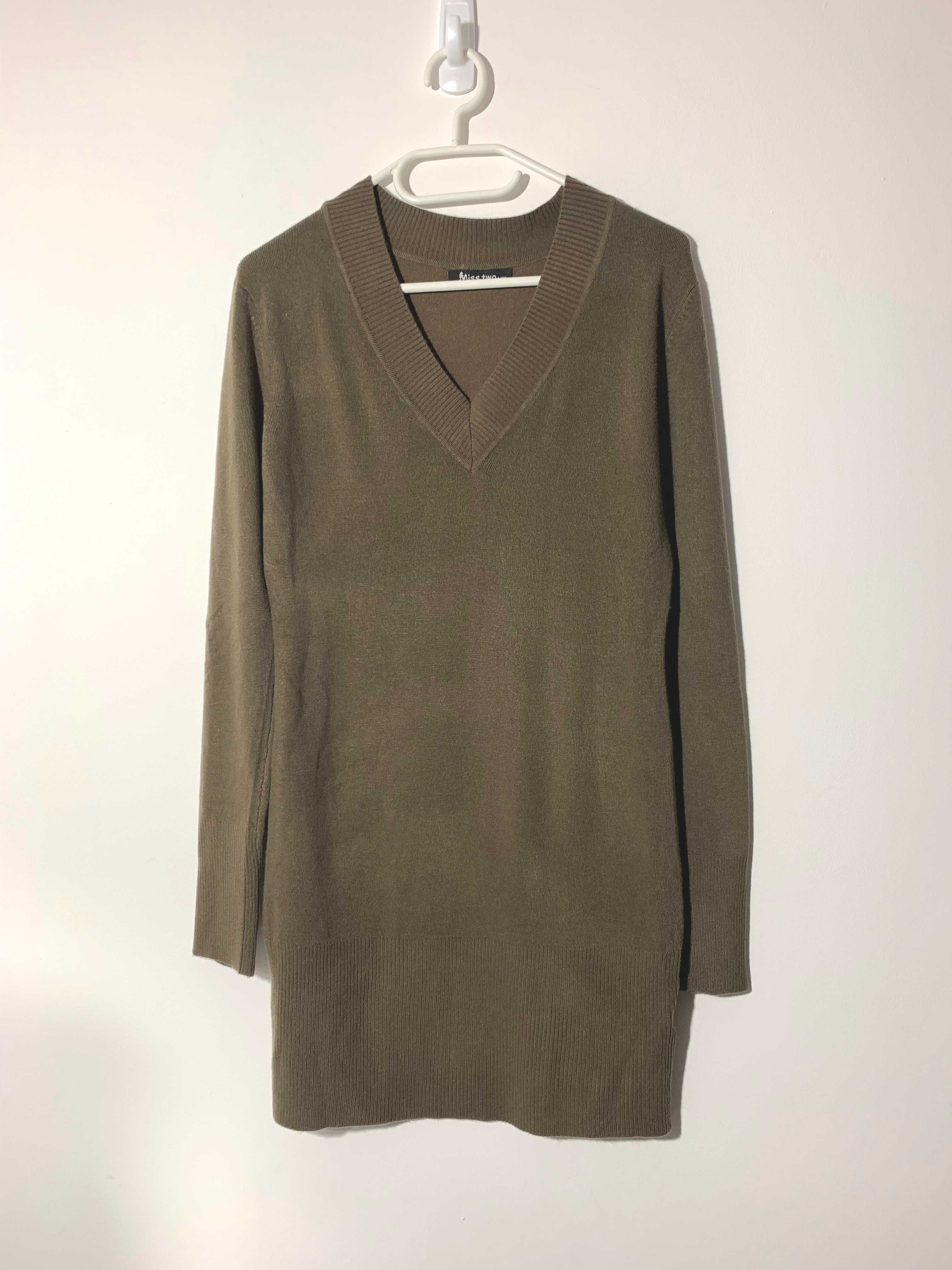 sweter długi dłuższy S M L wełna kaszmir khaki w serek dekolt V basic