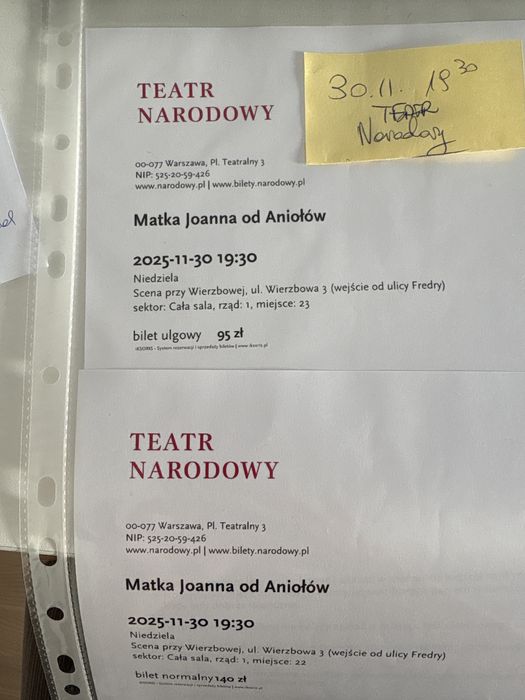 W-wa rzad 1 - 2 bilety ulgowy i normalny Matka Joanna od Aniołów 30.11