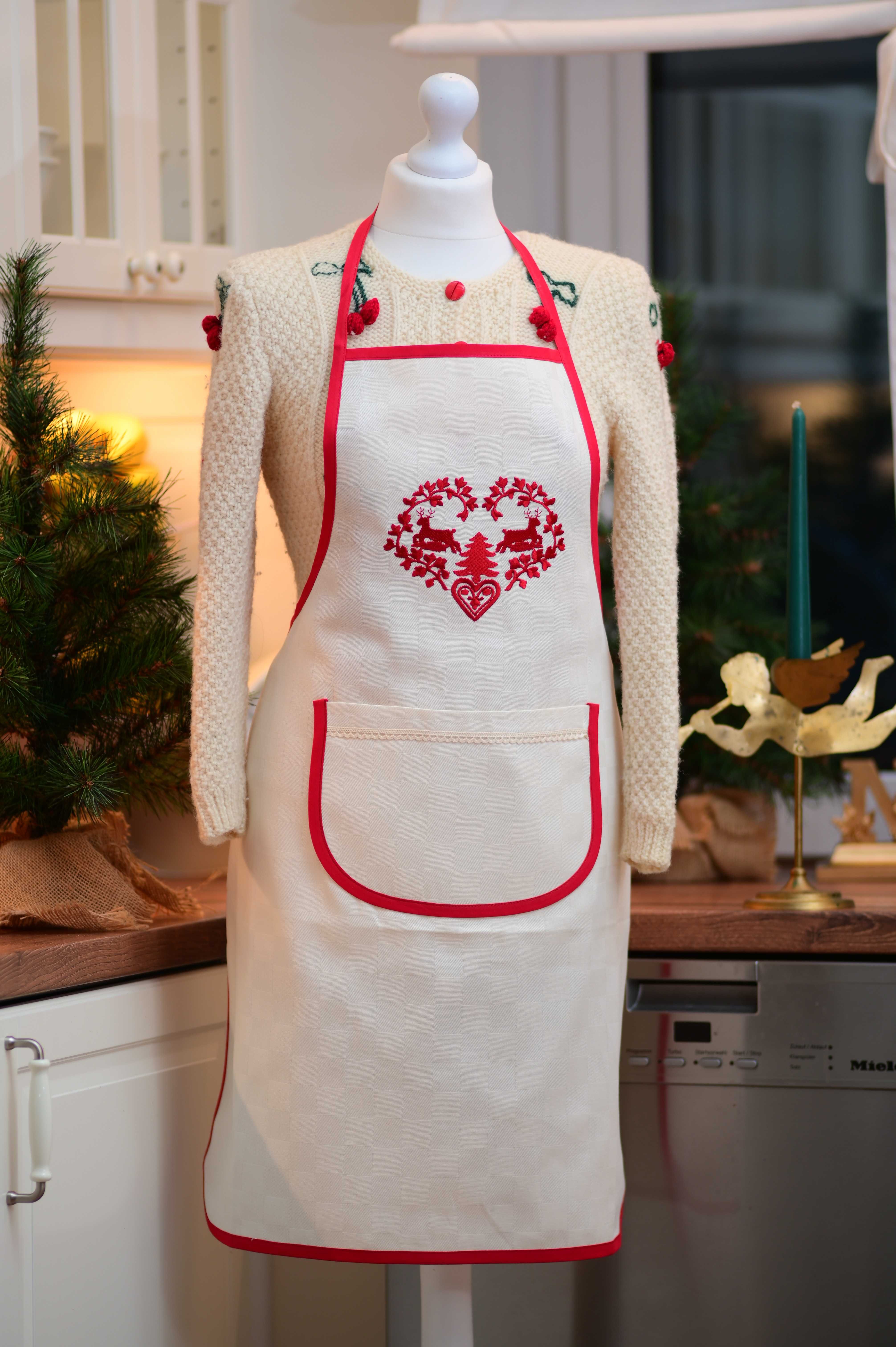 NOWY Fartuch Kuchenny Świąteczny haftowany zimowy prezent bawełna