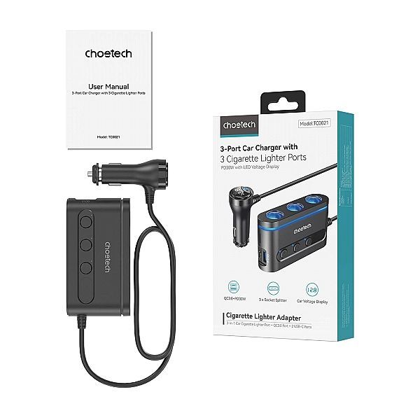 Ładowarka Choetech Tc0021 samochodowa 2x Usb-c Pd 1x Usb-a Qc 3x gniaz