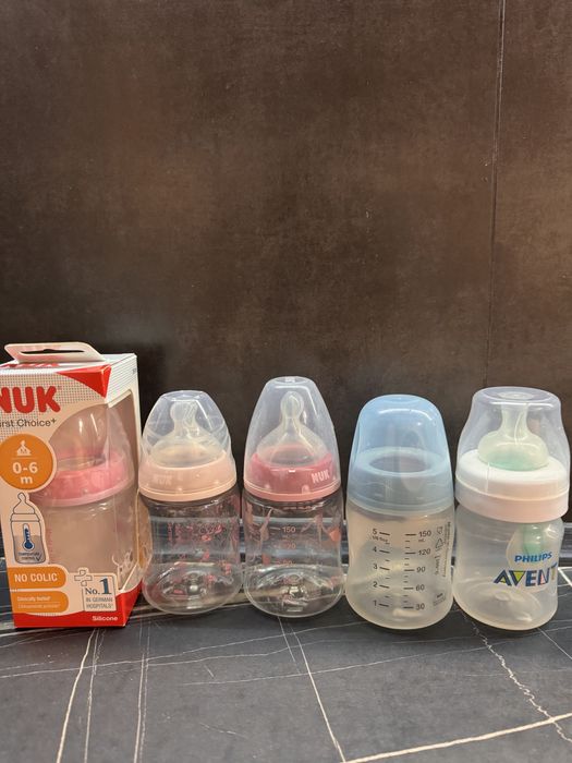 Набор детских бутылочек avent (стекло и пластик) + новые соски NUK