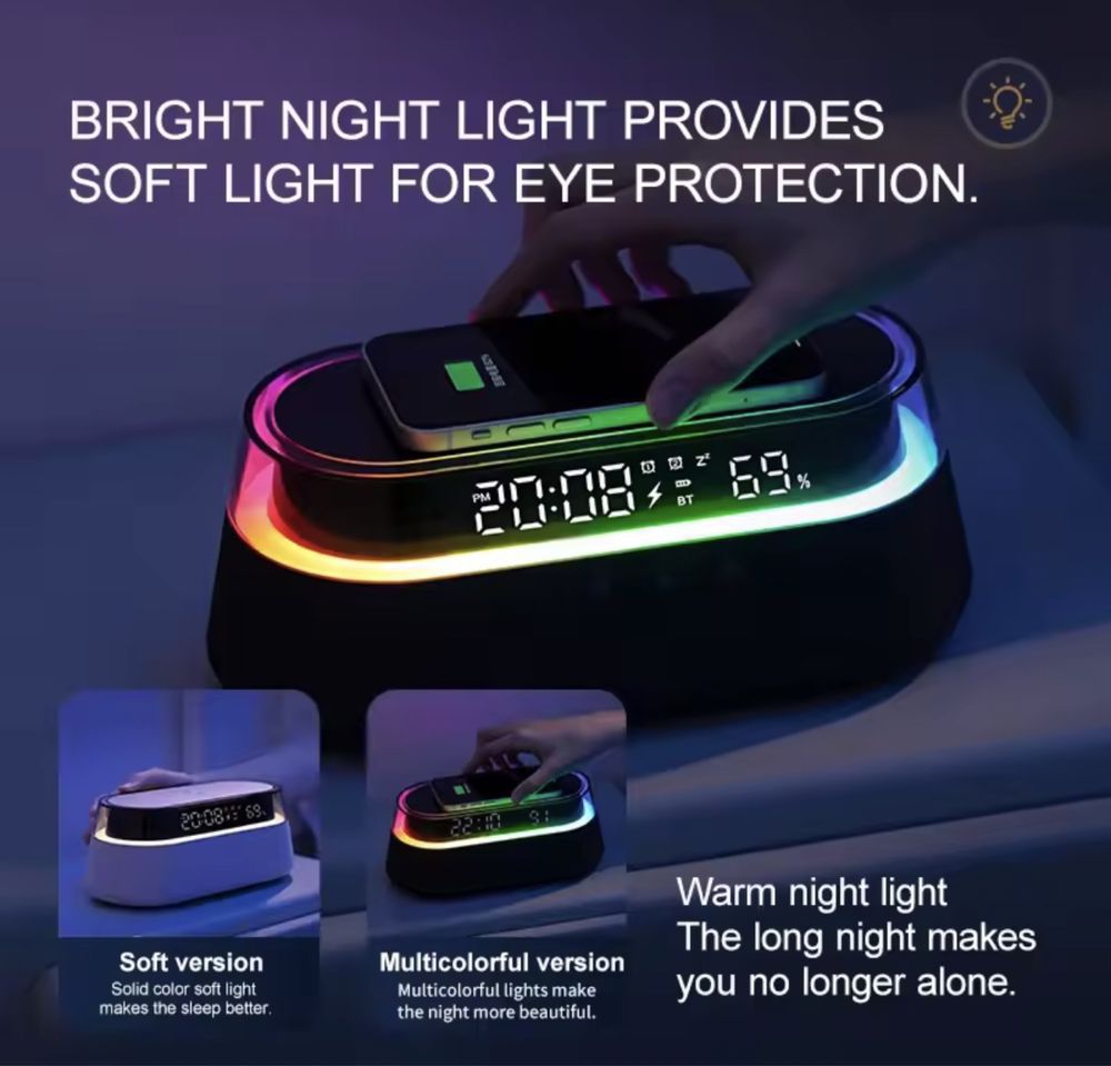 Bluetooth колонка с беспроводной зарядкой 15W ночником часы FM