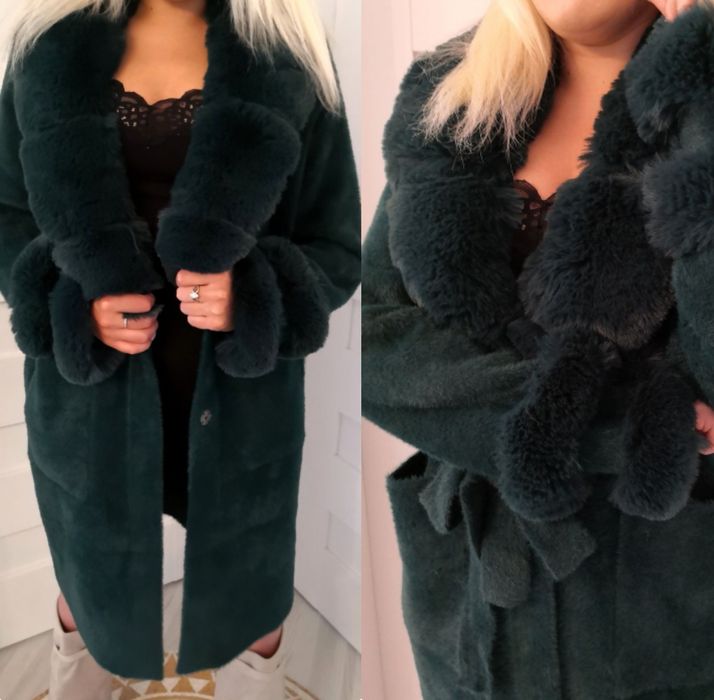 Płaszcz alpaka z futerkiem butelkowa zieleń