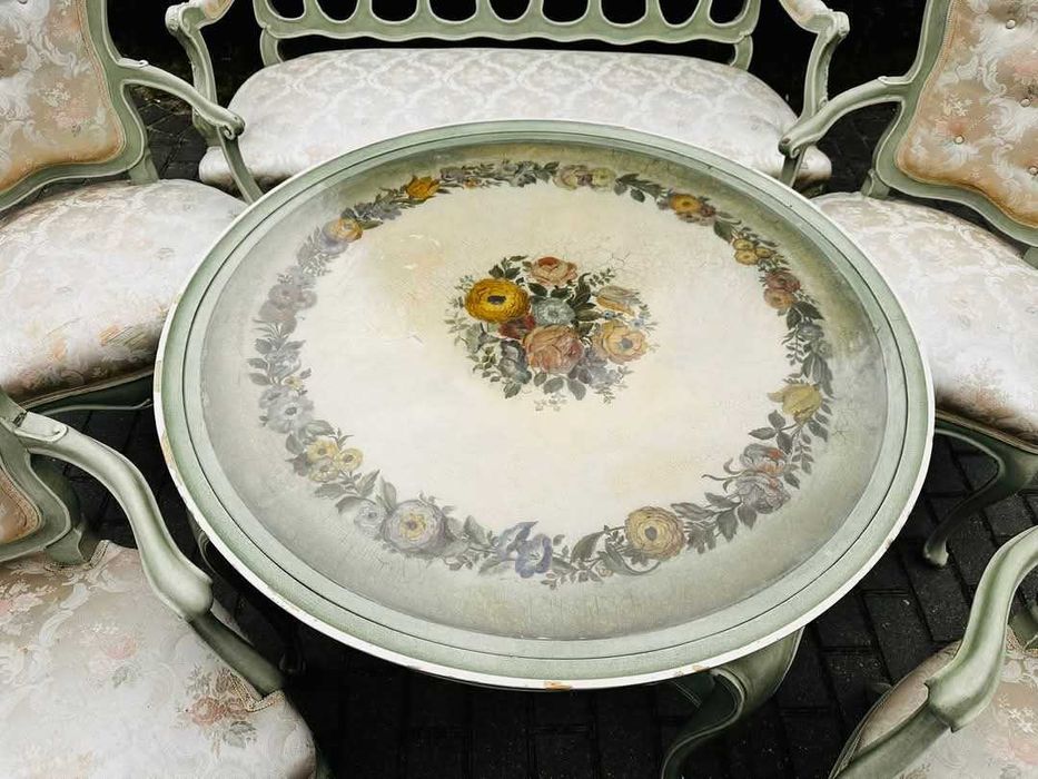 Miętowy komplet wypoczynkowy ludwikowy stół krzesła ławka antyk