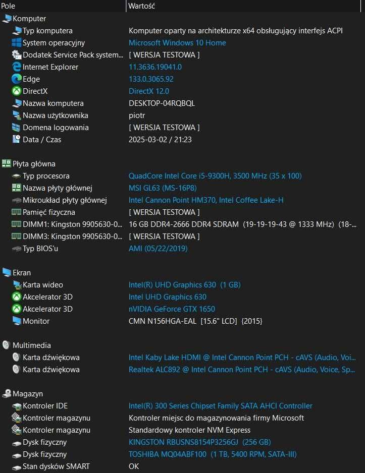 Laptop MSI GL 63 95C