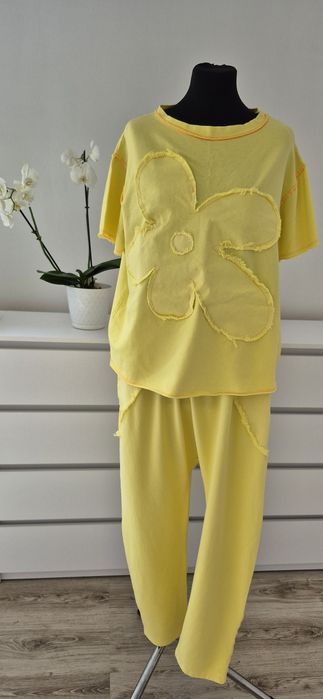 Bawełniany dres żółty spodnie Baggy bluzka krótki rękaw uni