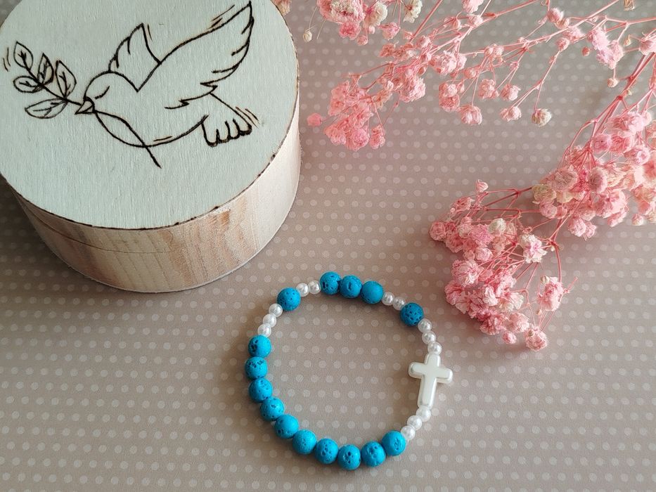 Bransoletka RÓŻANIEC Lawa wulkaniczna pamiątka komunijna