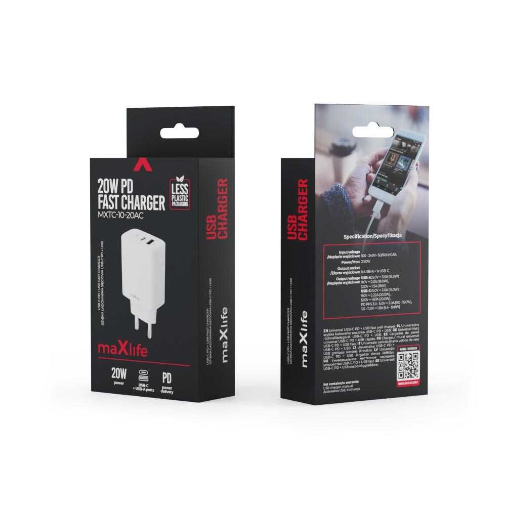 Sieciowa Ładowarka Maxlife MXTC-10 1xUSB 1xUSB-C 20W QC kolor: biały