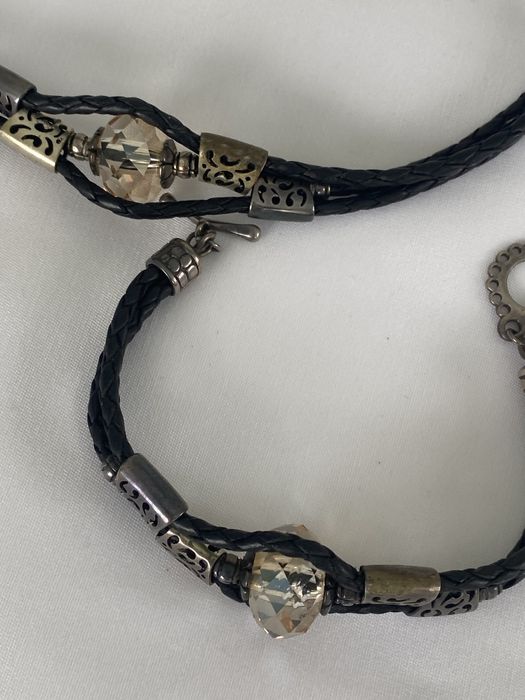 Komplet z kamieniem naszyjnik i bransoletka czarny rzemyk