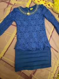 Нарядное синее платье, украшение, баска гепюр рукав для девочки 4 - 5