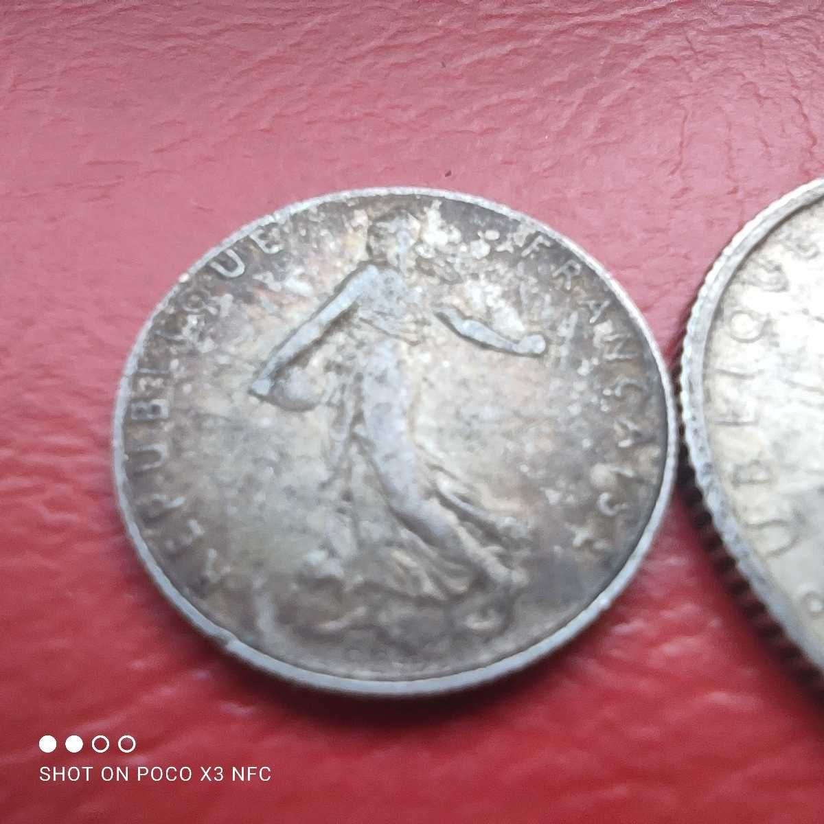 Monety srebrne zestaw Francja 1 frank, 50 cent 1910 srebro ag