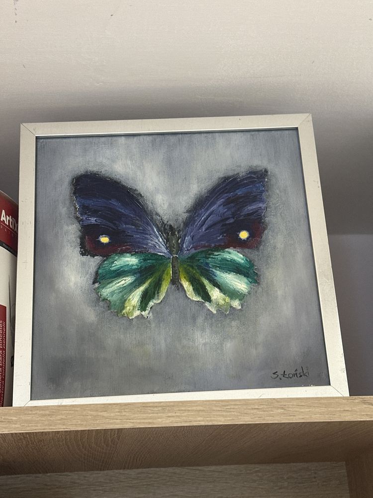 Obraz motyla w ramie malowany farbami olejnymi
