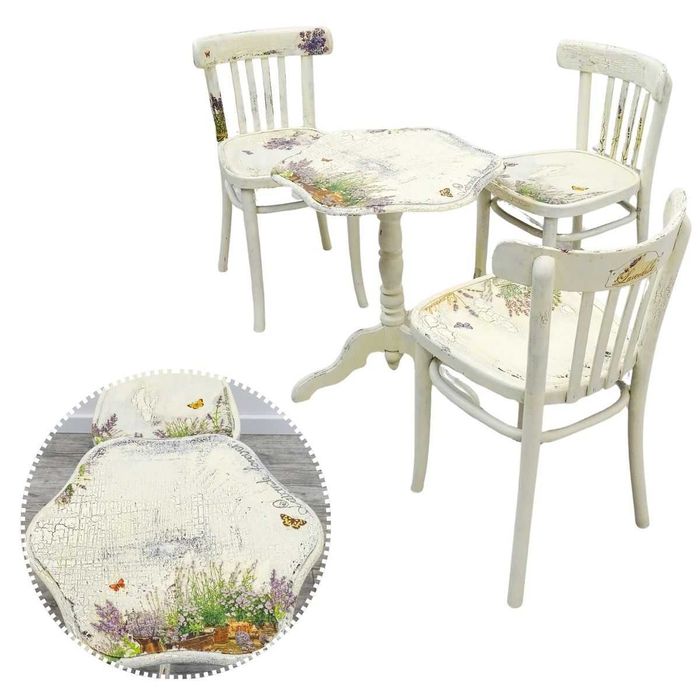 Stół z krzesłami 3 BUKOWY lata 50. VINTAGE styl prowansalski DECOUPAGE