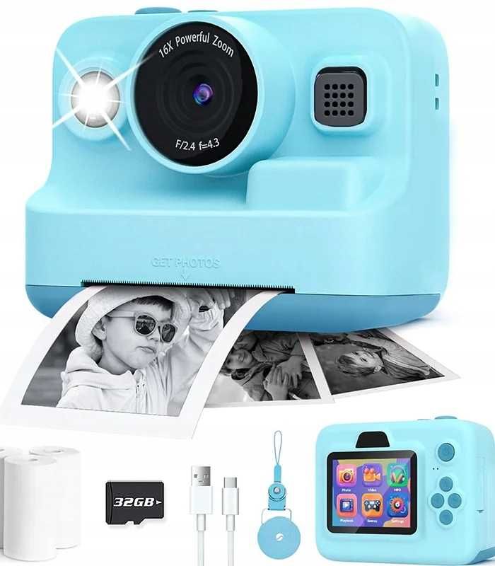 Aparat Fotograficzny Z Drukarką Dla Dzieci 3 Rolki Gry 32GB Dwa Kolory