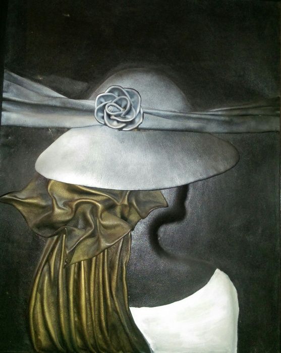 skórzany obraz 3D "dziewczyna w kapeluszu"; 40cm x 50cm