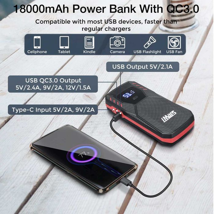 Arrancador Bateria P/ Carros * 1500A * 18000mAh * 2 x USB * Luz Led