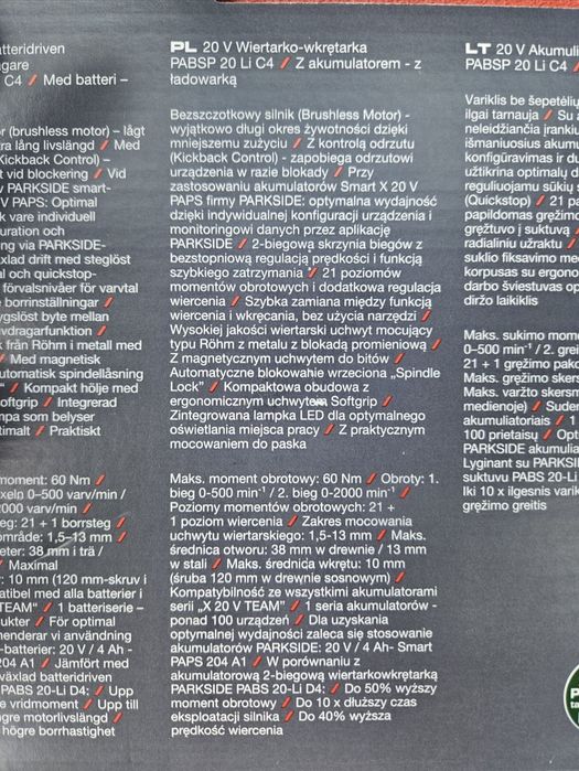 Parkside wiertarko-wkretarka PABSP 20-Li C4 z akumulatorem i tadowarką