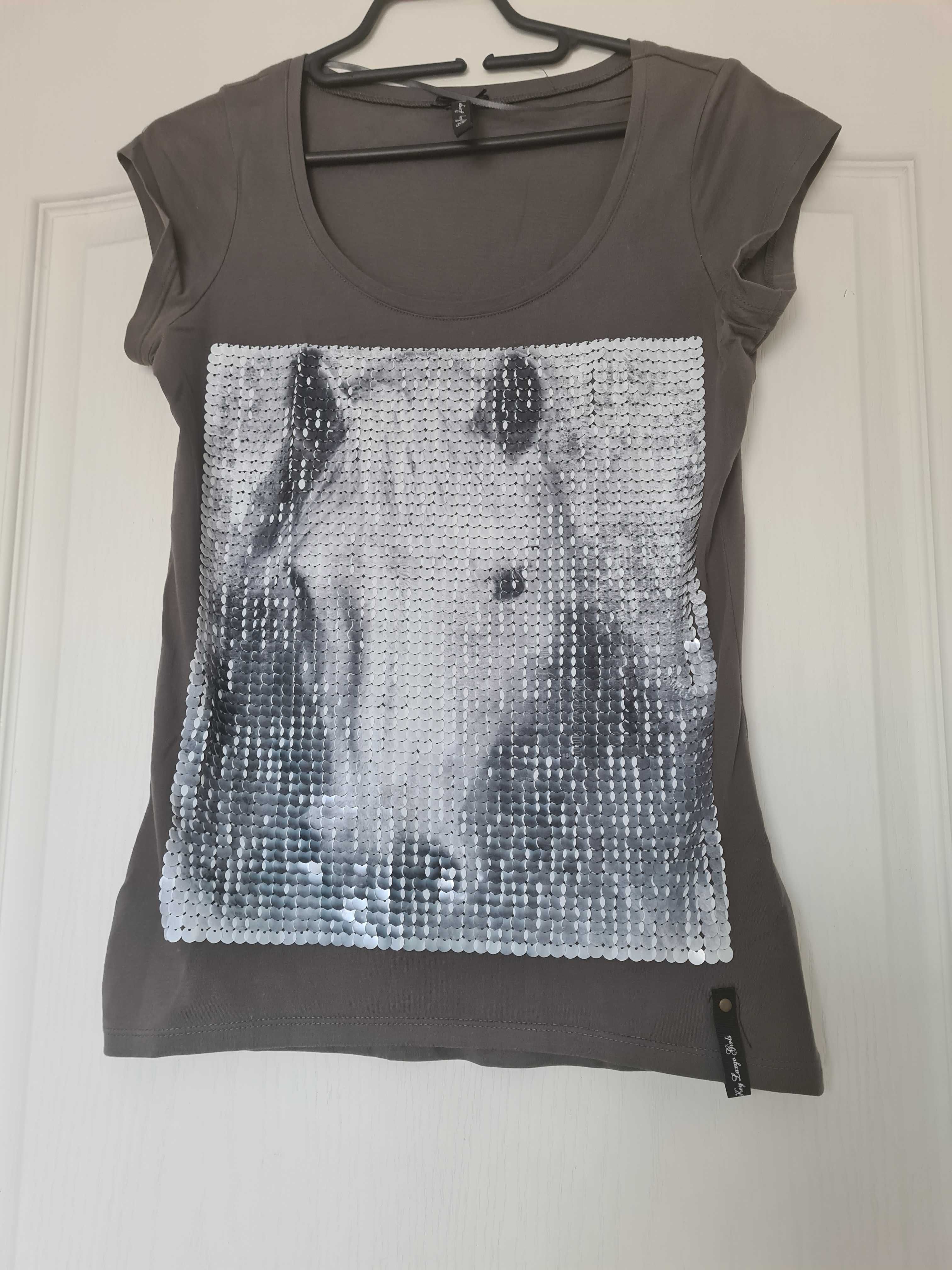 Bluzka cekiny top xs koń koszulka t-shirt szara z koniem