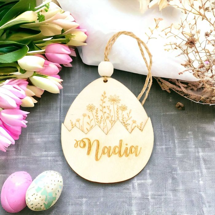 Zawieszka drewniana do koszyczka JAJKO WIELKANOC Imię grawer PREMIUM