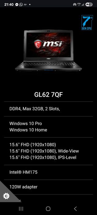 Laptop gamingowy MSI GL627QF