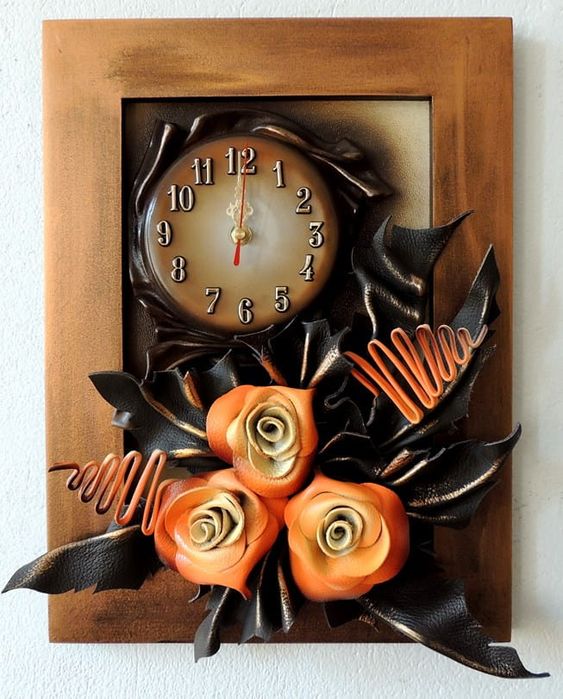 Trójwymiarowy obraz z zegarem i różami ze skóry + GRAWER
