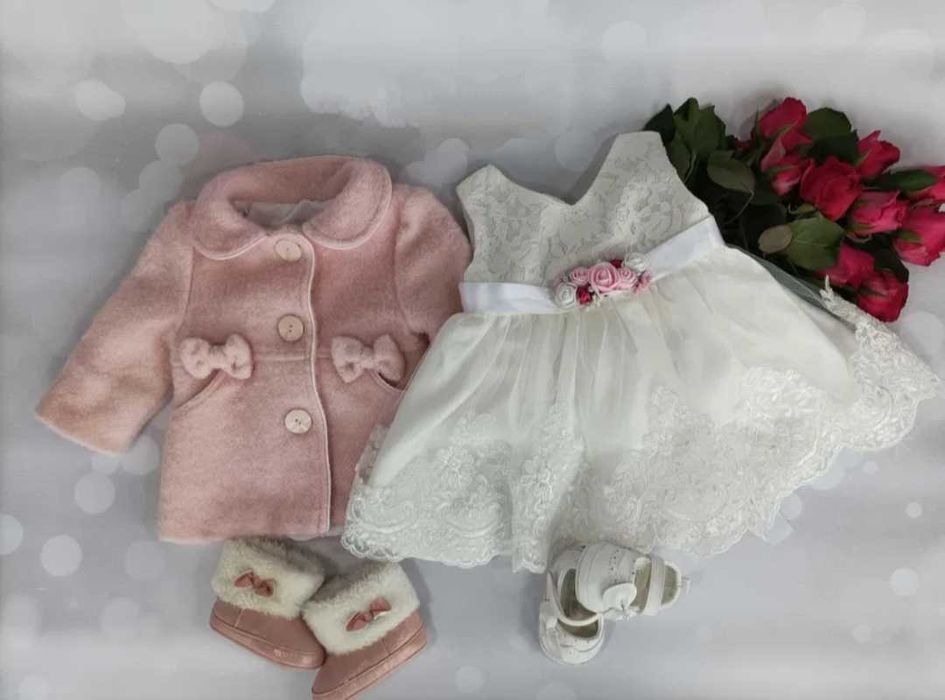 Zestaw do chrztu 62/68 -sukienka+ płaszczyk+ 2xbuciki+turban i apaszka