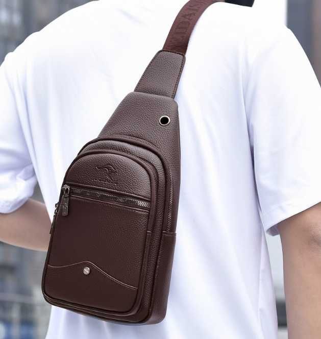 Мужская сумка бананка Кенгуру черная коричневая нагрудная барсетка