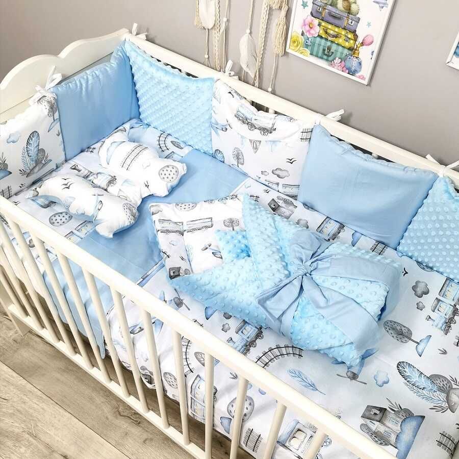 Komplet pościeli do łóżeczka pociąg niebieski poszewki 120x90 bawełna