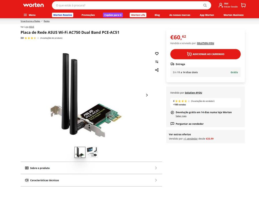 Placa de Rede ASUS Wi-Fi AC750 Dual Band PCE-AC51