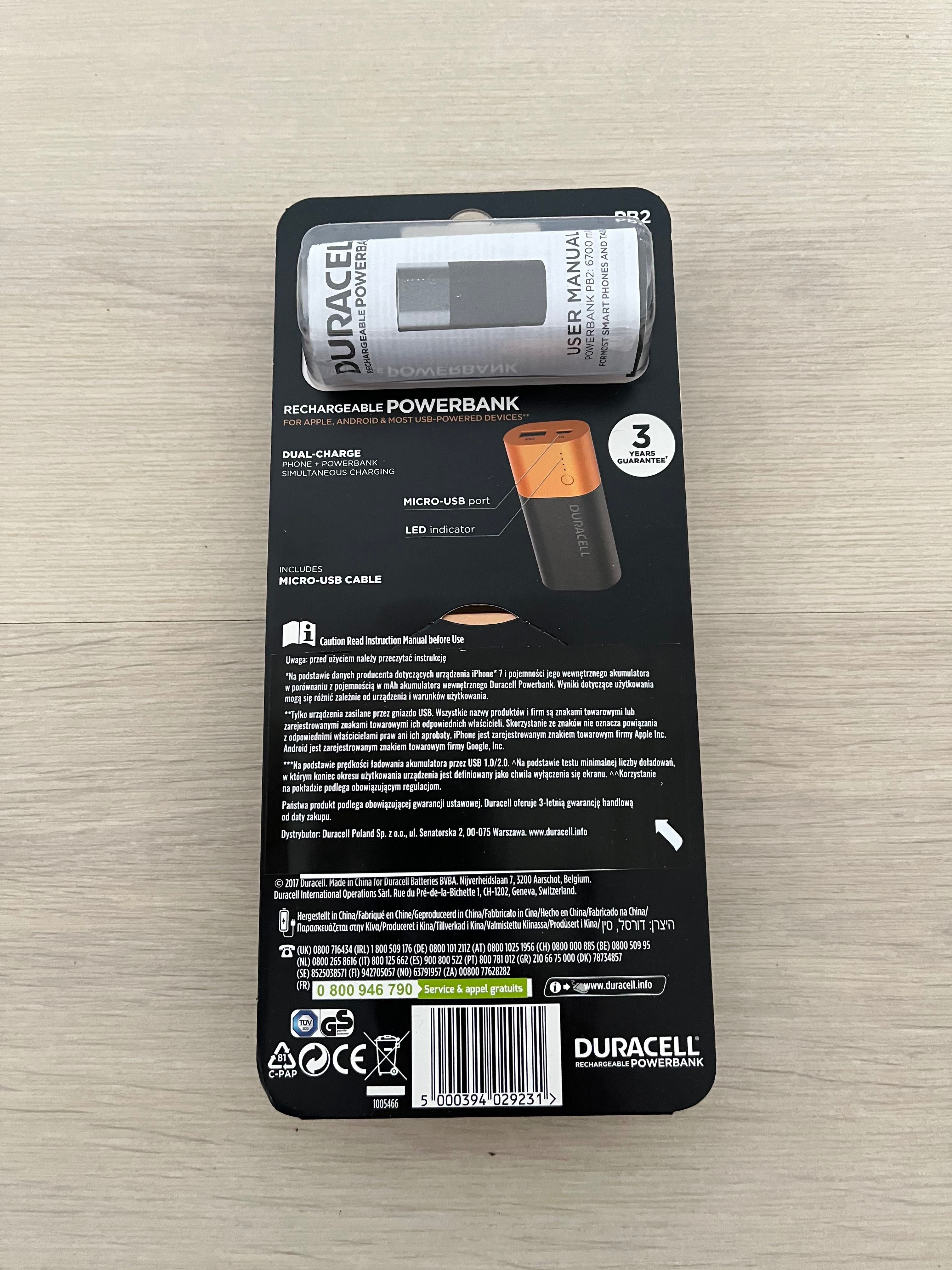 Powerbank Duracell 6700 mah do każdego telefonu, bezpieczny.