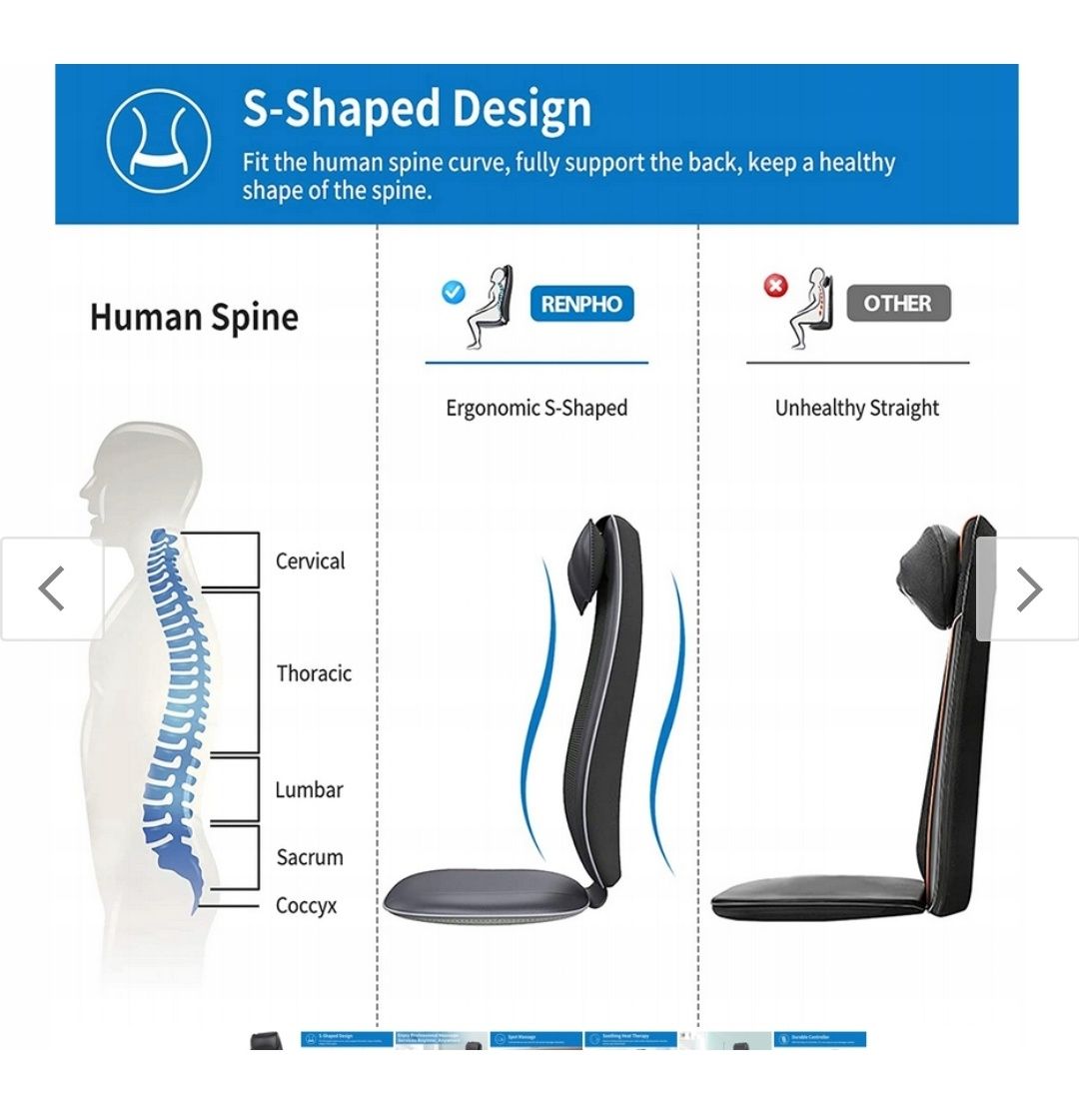 RENPHO masażer pleców, nakładka na siedzenie w kształcie S
