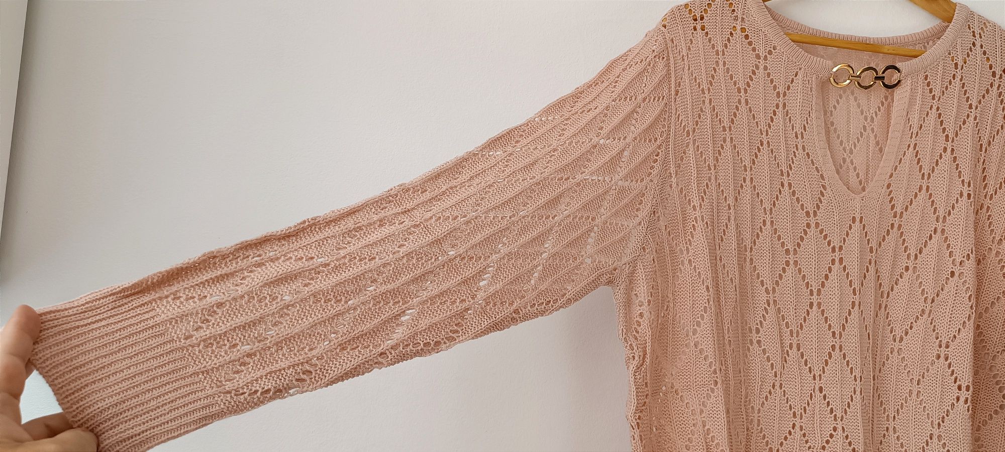 NOWY elegancki ażurowy sweter r. 4 XL z łańcuchem - lotosowy róż