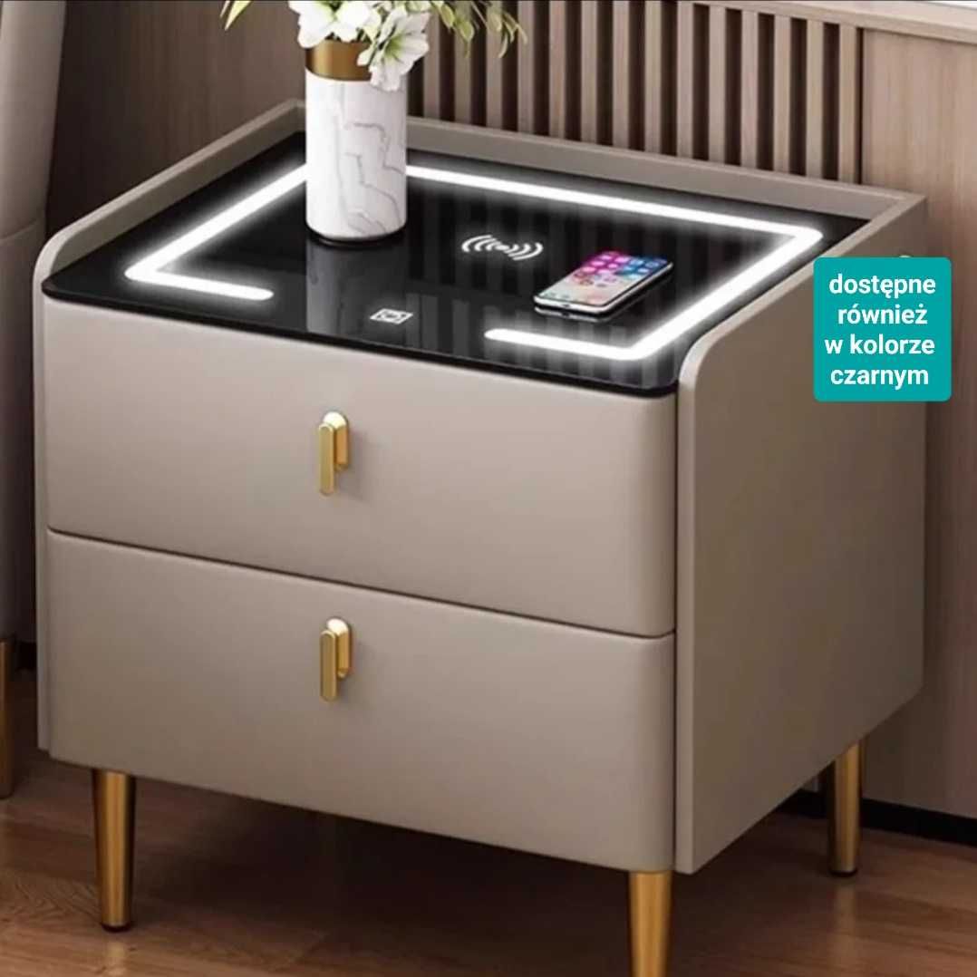 Szafka Nocna Nordic Design podświetlany blat ładowanie telefonu NFC