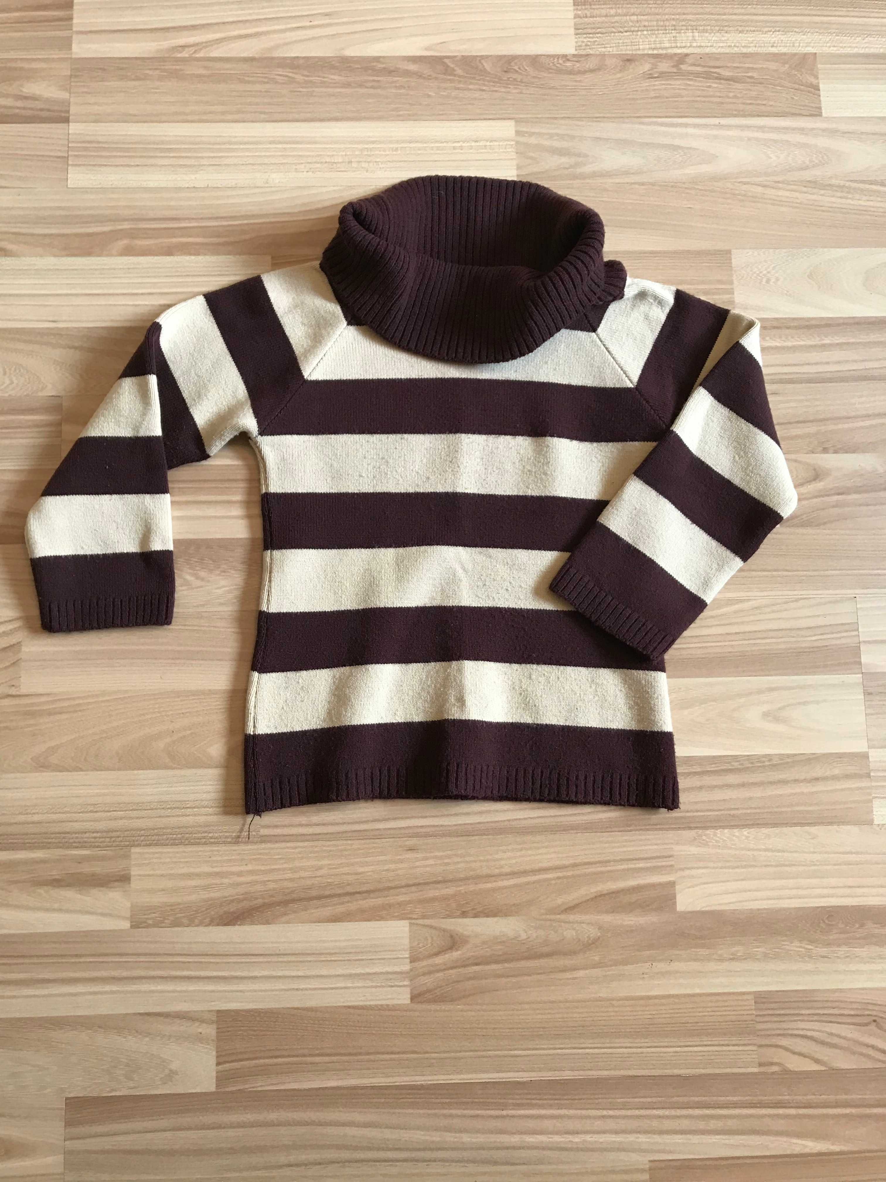 Sweter w paski pasy rękaw 2/4 czekoladowo-kremowy r. 36 vintage retro