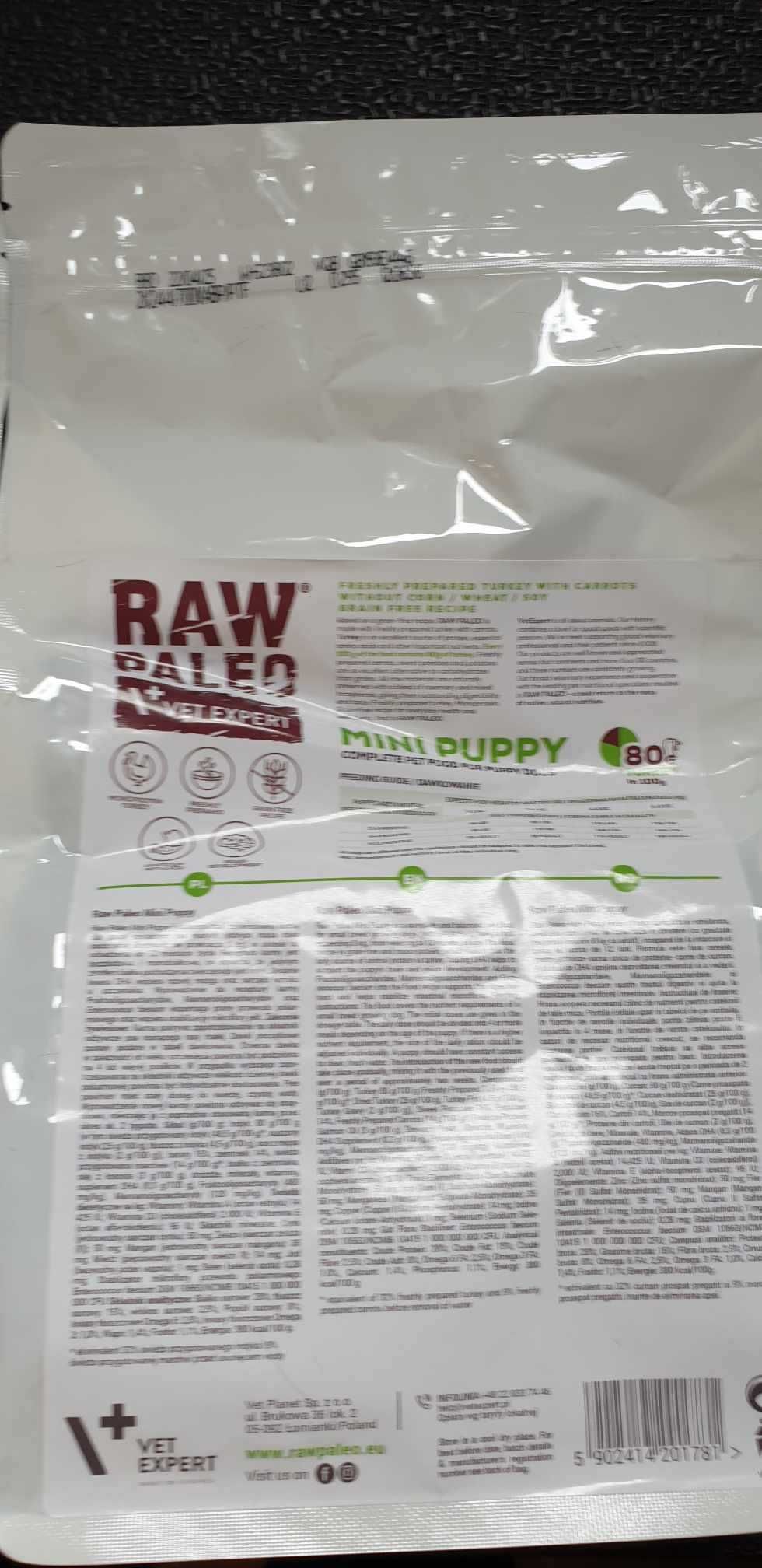 Karma dla szczeniąt małych ras z indykiem Raw Paleo Mini Puppy 2x 750g