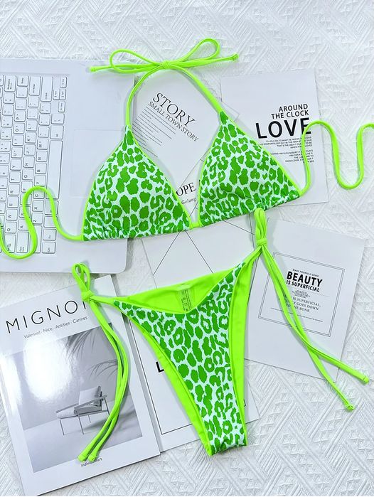Strój Kąpielowy BIKINI Stringi SEXY Neon Wiązane Panterka - L