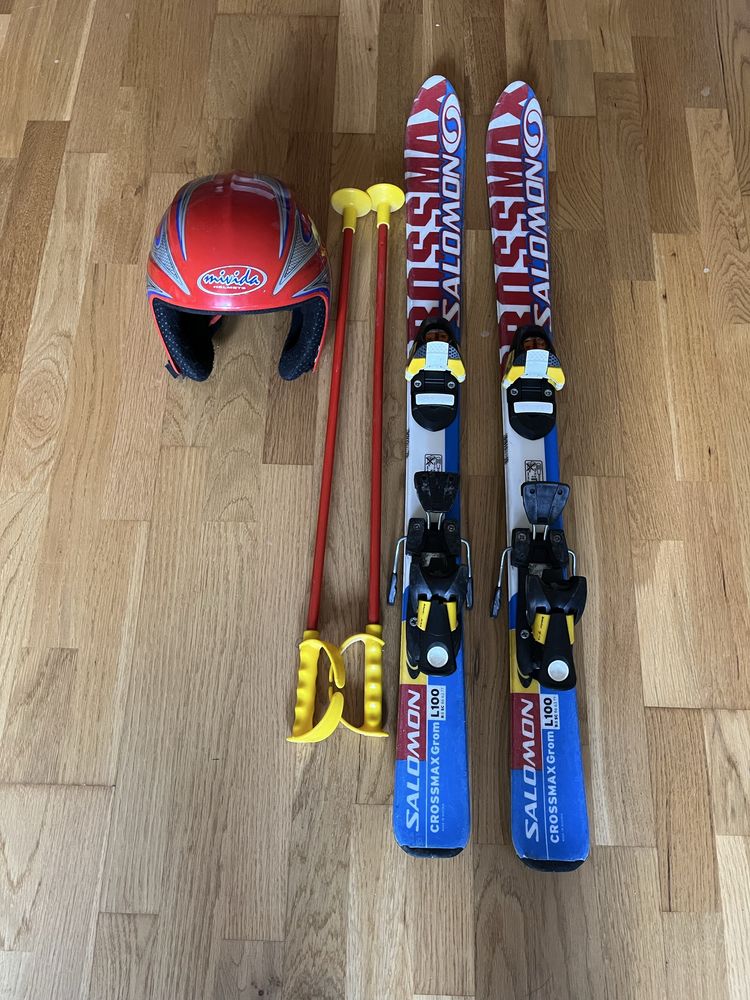 Narty dzieciece salomon + kijki i kask 100 cm