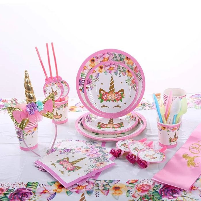 ZESTAW naczyń JEDNOROŻEC 2 Urodziny Kubki Talerze Serwety Słomki 81szt