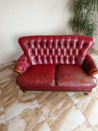 sofa i fotel vintage skóra czerwona
