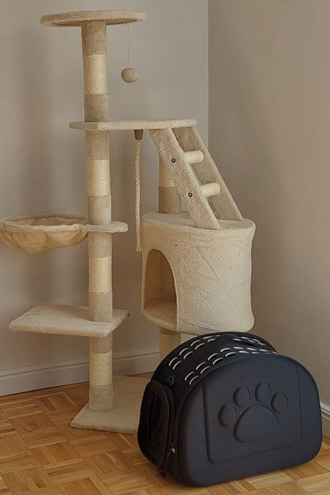 NOWY ZESTAW drapak + transporter legowisko wieża XL 5 poziomów beżowa