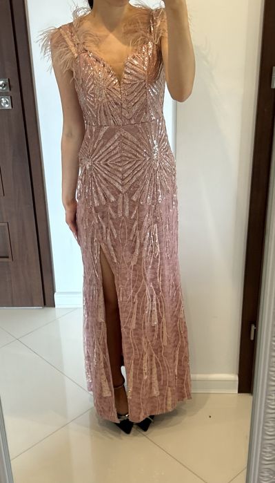 Suknia wizytowa na wesele długa sukienka shein pudrowy róż cekinowa